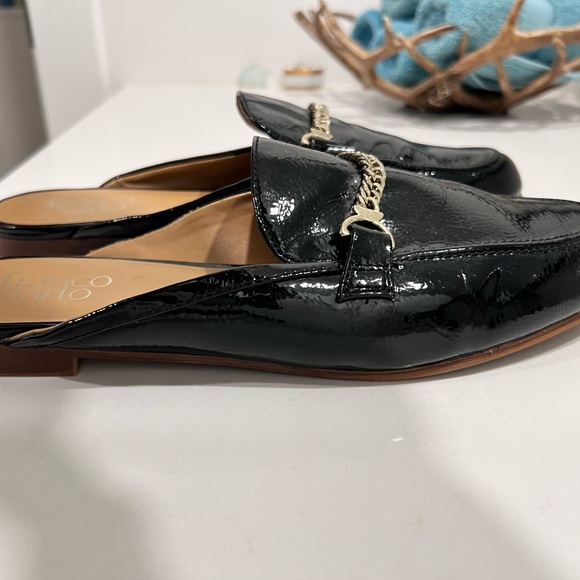 Franco Sarto Black Patent Mules with Silver Chain - Picture 4 of 5